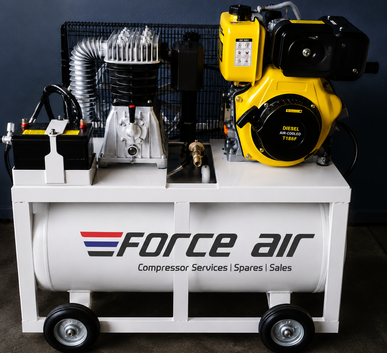 Force Air diesel-powered mobile piston compressor on a wheeled frame