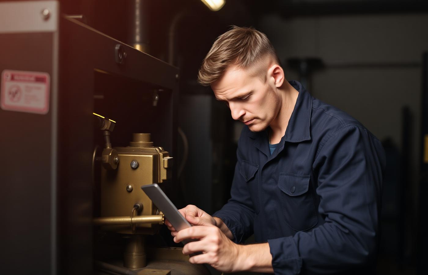 Technician servicing an industrial air compressor in a workshop